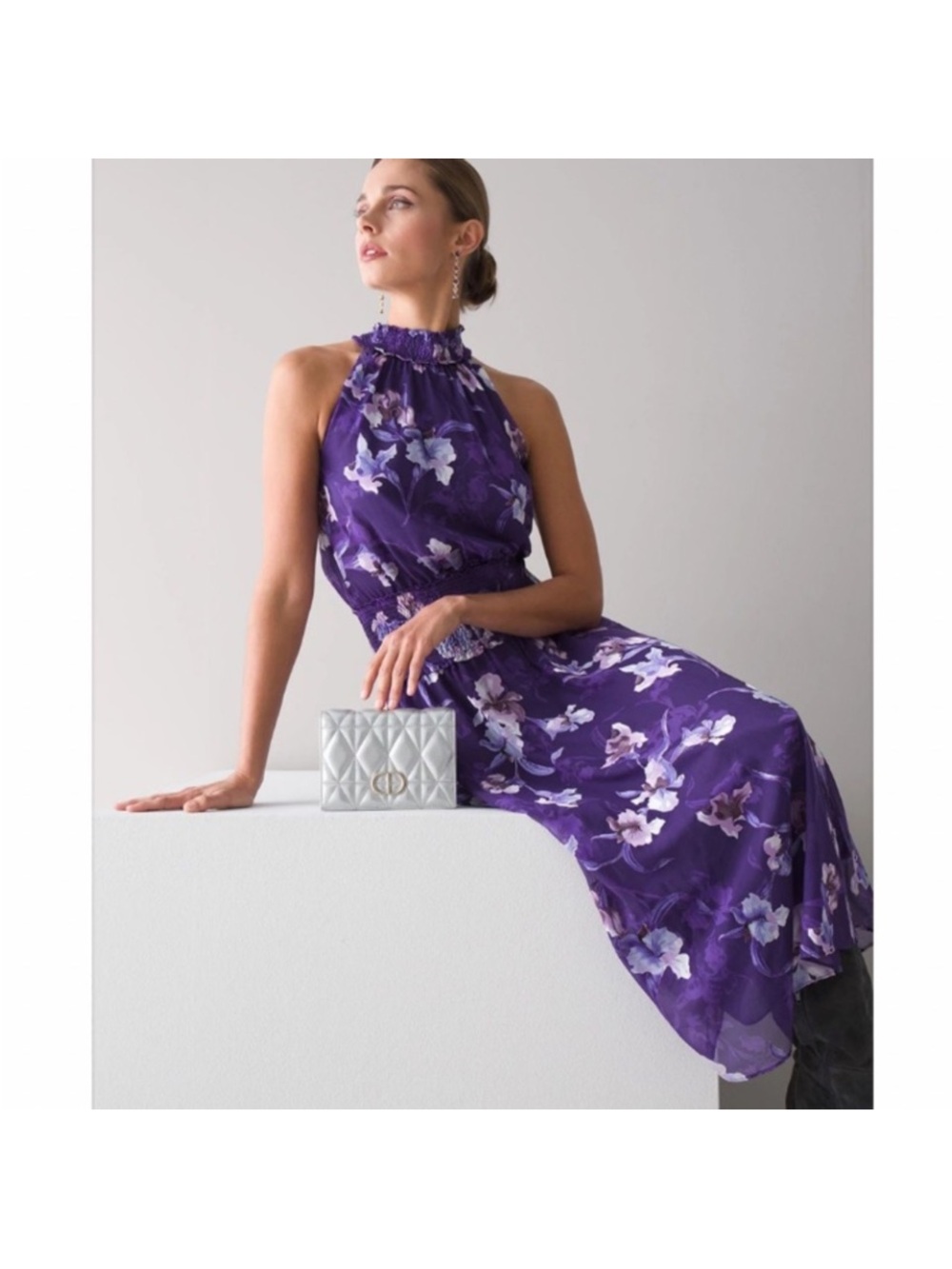 White House Black Market Purple Floral Burnout Midi Dress in Iris Bouquet